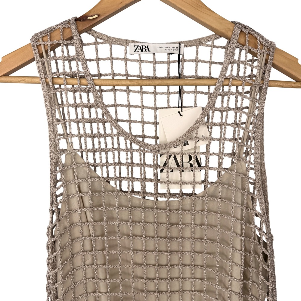 Zara Crochet Dress Womens Small Tan Limited Edition Beaded Fringe Mini 0881/406 - Picture 5 of 10